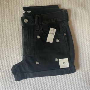 Old Navy Black Denim with White Flowers Mid-Rise Boyfriend Shorts, Size 2